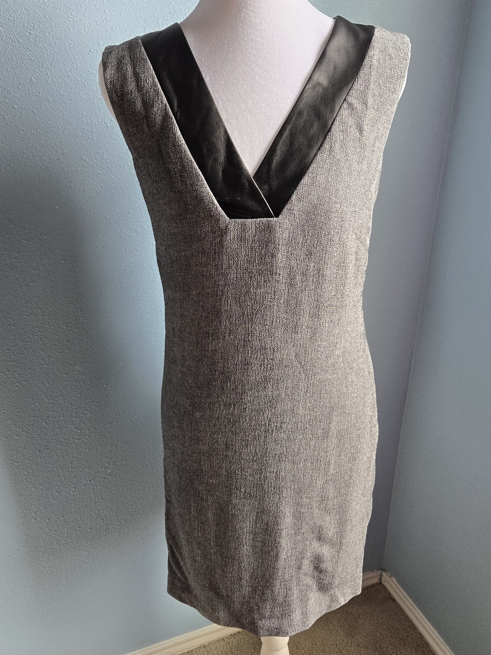 Gray Wool Blend V-Neck Dress with Black Trim